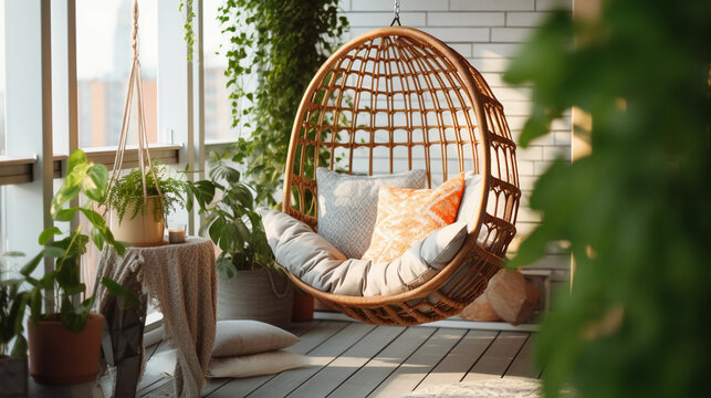 Cozy boho style balcony interior design with swinging chair, natural decoration and potted green plants 
