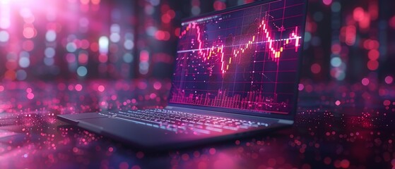 Laptop screen with chart exchange of stock exchange trading. Laptop desktop with isometric financial services web interface. Fintech technology for trading money and shares. - obrazy, fototapety, plakaty