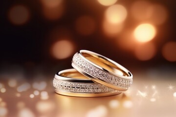 Wedding rings on bokeh background, close-up. Wedding content with Copy Space.