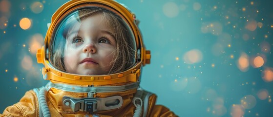 A little girl in an astronaut costume is playing and dreaming of becoming a spaceman. Portrait of a funny kid against a bright blue wall.