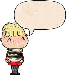 cartoon friendly boy and books and speech bubble in retro texture style
