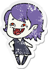 distressed sticker of a cartoon laughing vampire girl