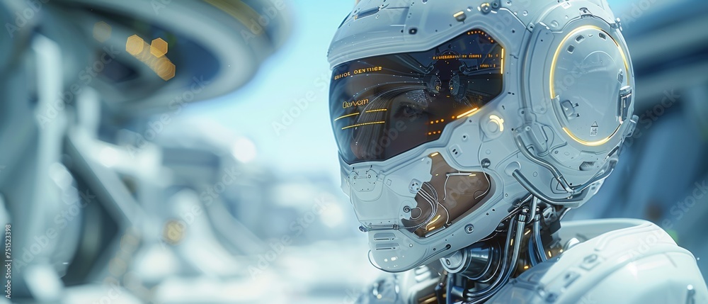 Aufkleber A robot or cyborg looks at a virtual HUD interface with machine learning. Modern tech frame for text and picture in computer electronics style. 3D rendering.