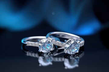 Wedding rings with diamonds on a black background with blue lights. Wedding content with Copy Space.