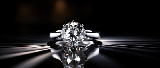 Jewelry diamond ring on a black background. Wedding content with Copy Space.