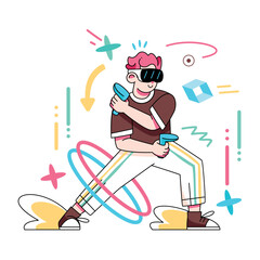 Vector Man Glasses Play Controllers Virtual Reality Cartoon Illustration Isolated
