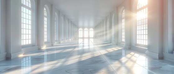 This 3D rendering shows an interior of a white modern space with a long corridor