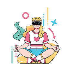 Vector Woman Glasses Relaxing Meditating Virtual Reality Cartoon Illustration Isolated