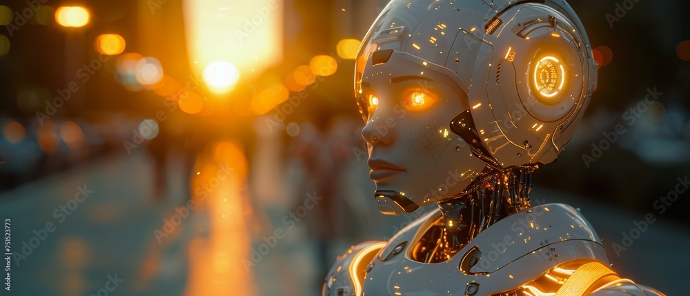 Poster Trading bot develops trading strategy on stock exchange. Robot AI trader analyses chart of stock exchange market. Woman robot trader assistant on forex market. Automated trader analyzing chart of