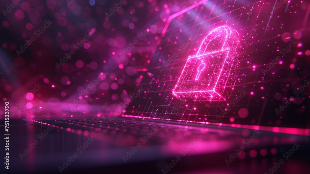 Poster Lock on laptop screen. Low poly wireframe  illustration. Secure digital data concept. Starry sky on dark background. Polygonal notebook and lock on green background.