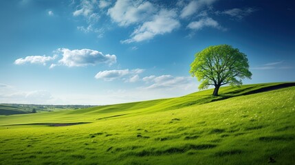 Beautiful summer nature landscape with green trees, lonely tree among green fields with Green grassland and blue sky