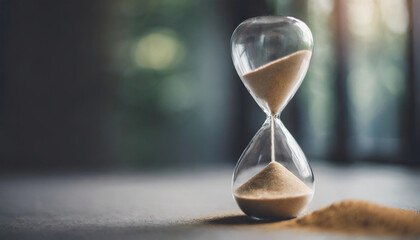 Hourglass with sand slipping through, measuring time's passage. Countdown concept - obrazy, fototapety, plakaty