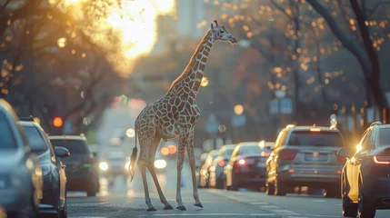 Papier Peint photo Lavable Etats Unis a giraffe walking on the road in the city with a car running on the road and a giraffe walking next to the car.