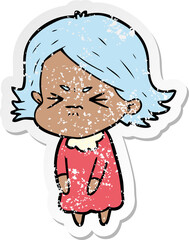 distressed sticker of a cartoon angry woman