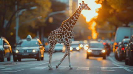 a giraffe walking on the road in the city with a car running on the road and a giraffe walking next to the car. - obrazy, fototapety, plakaty