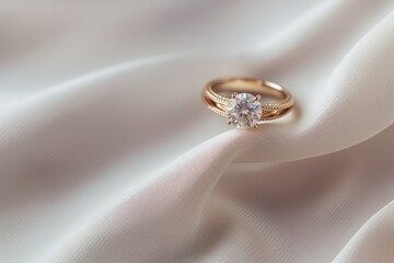 wedding rings on white satin background with shallow depth of field. Wedding content with Copy Space.