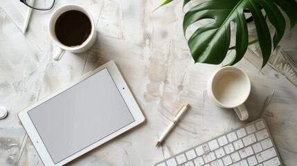 A minimalist work desk with a tablet and pens, surrounded by natural light