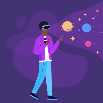 Young man  using a virtual reality VR headset, looking at outer space, cosmos with planets and rockets and touch. Vector illustration in flat style. VR technology on dark background.	