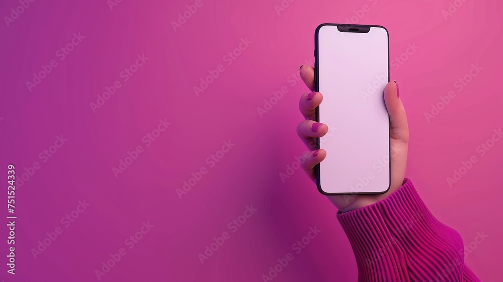 Poster Cartoon creative design icon isolated on purple background. 3D rendering of a hand holding a mobile phone with an empty screen and copy space for text or promotion. Template or mock up concept.