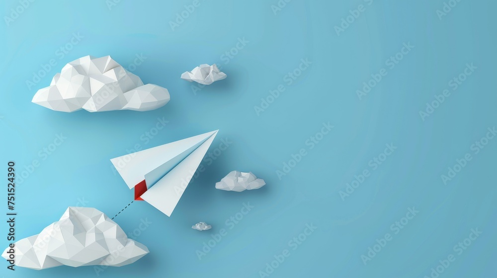 Poster Animated 3D Paper Airplane with a cloud background. Travel banner template with airplanes and clouds. Email notification icon isolated on blue background with a bell sound.