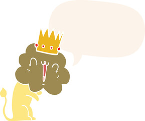 cartoon lion and crown and speech bubble in retro style