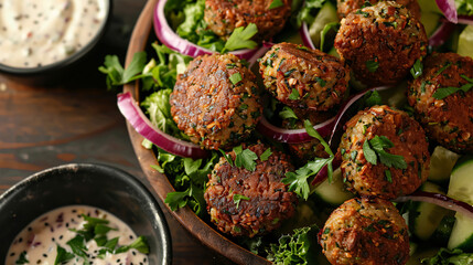 Platter of Middle Eastern falafel with tahini - obrazy, fototapety, plakaty