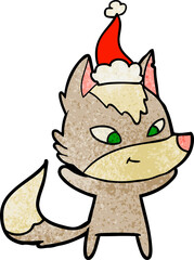 friendly textured cartoon of a wolf wearing santa hat