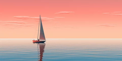 Rolgordijnen Minimalistic scene of a single sailboat in vast calm waters, under a dusky sky with a serene horizon © Coosh448