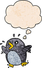 cartoon frightened penguin and thought bubble in grunge texture pattern style