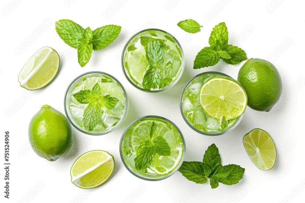 Poster isolated top view of a mojito cocktail or soda drink with lime and mint. from top to bottom.