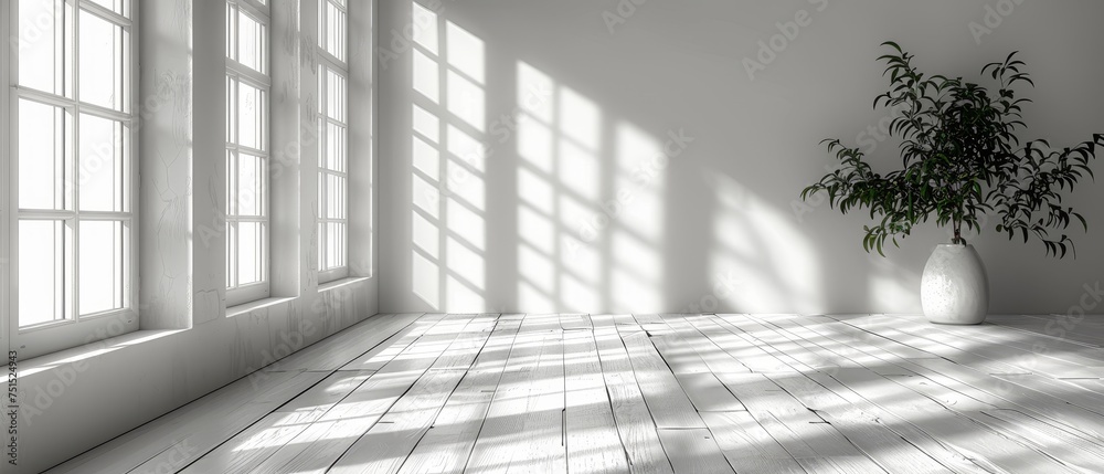 Poster This white studio background is ideal for presenting products. It shows an empty room with window shadows. It also shows a blurred backdrop.