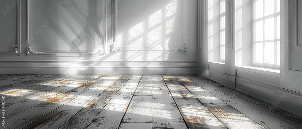 Poster an interior white room with wood plank floor and shadow cast by the sun, a viewpoint of minimal desi