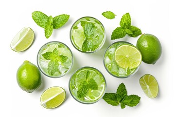 Isolated top view of a mojito cocktail or soda drink with lime and mint. From top to bottom.