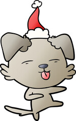 gradient cartoon of a dog dancing wearing santa hat