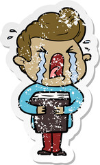 distressed sticker of a cartoon crying man