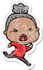distressed sticker of a cartoon angry old woman