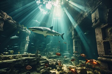 Naklejka premium Sharks swimming amidst the ruins of an ancient underwater city