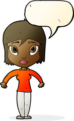cartoon woman shrugging shoulders with speech bubble