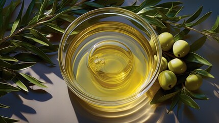 Olive oil, green olives, vegetable oil for cooking and cosmetics, vitamin E.
Healthy olive oil in a glass bowl on the table, green olives lie nearby in warm sunny lighting.