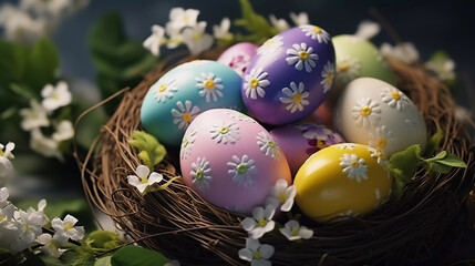 Fototapeta na wymiar Easter eggs decorated with flowers in a decorative nest. Spring background. Happy Easter card template 