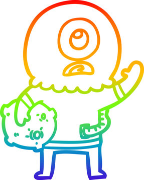rainbow gradient line drawing cartoon cyclops alien spaceman waving