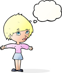 cartoon woman with open arms with thought bubble