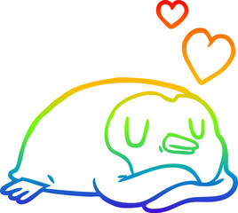 rainbow gradient line drawing penguin with love hearts