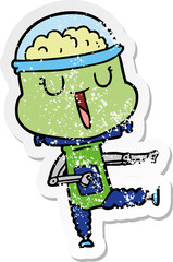 distressed sticker of a happy cartoon robot