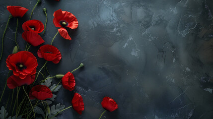 Remembrance Day dark background with red poppies and empty copy space for text. Veterans Day. Anzac day. Banner template