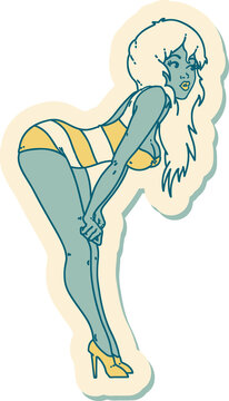 tattoo style sticker of a pinup girl in swimming costume