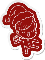 cute cartoon  sticker of a girl with hipster haircut wearing santa hat