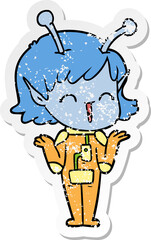 distressed sticker of a cartoon alien girl laughing
