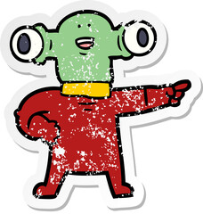 distressed sticker of a friendly cartoon alien pointing