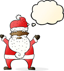 cartoon stressed out santa with thought bubble